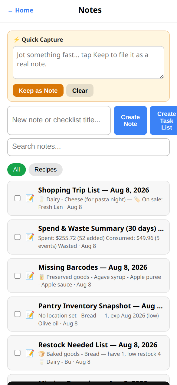 Notes screen